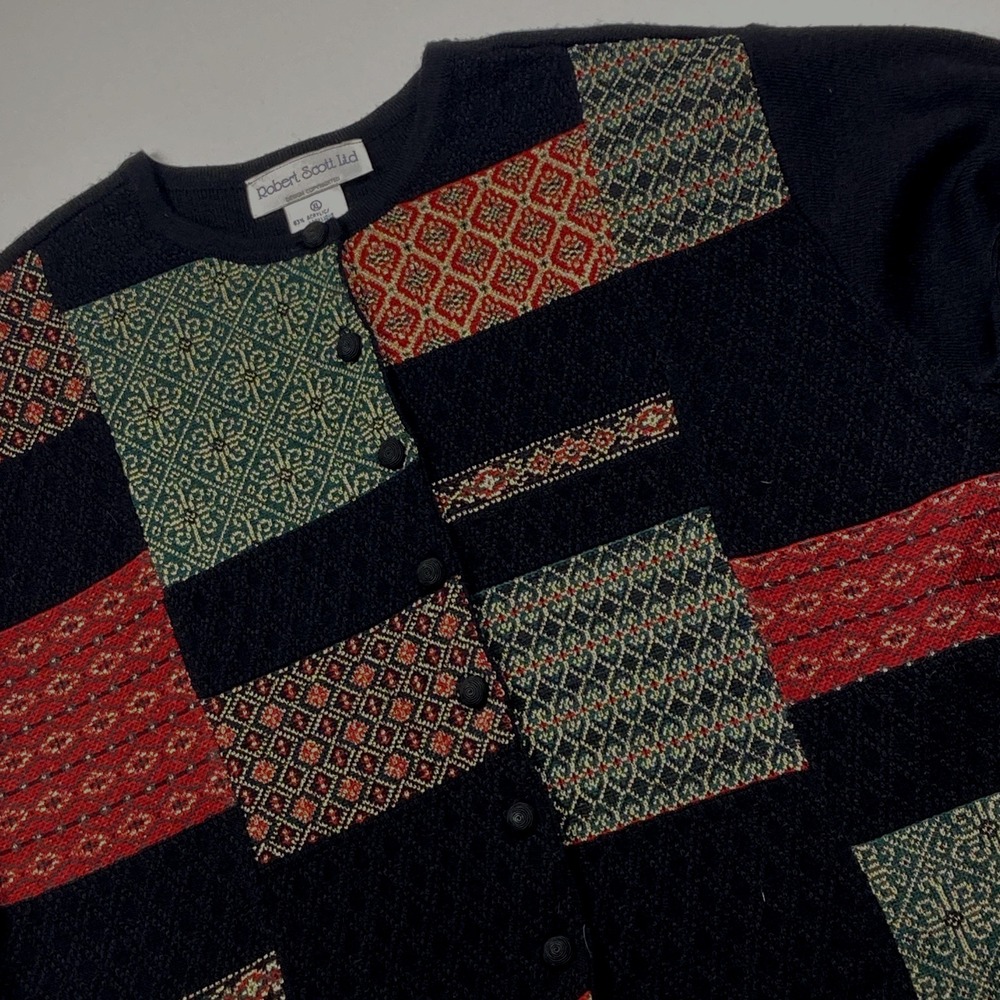 Vtg Robert Scott Ltd Knit Sweater Size XL Black w/Metallic Button up Cardigan